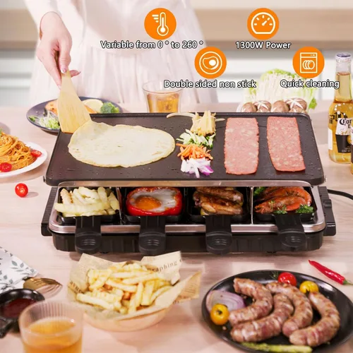 Miniatura 7 de Parrilla de barbacoa coreana 2 en 1, parrilla eléctrica antiadherente Raclette con 8 sartenes de raclette, temperatura ajustable de 1300 W