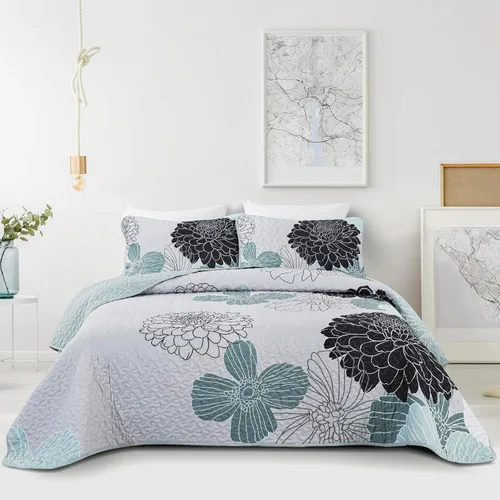 Miniatura 21 de Juego de edredón de 3 piezas con patrón floral azul marino, tamaño Queen, juego de ropa de cama reversible de microfibra con patrón de flores