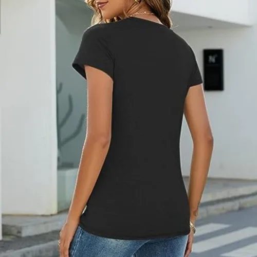 Miniatura 5 de Camiseta de manga corta para mujer, cuello redondo, ajustada, color sólido, estilo casual, estilo clásico
