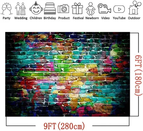 Miniatura 4 de Fondo de fotografía de pared de ladrillo colorido de 9 x 6 pies, fondos de graffiti de vinilo para adultos y niños, retrato de fondo, accesorios