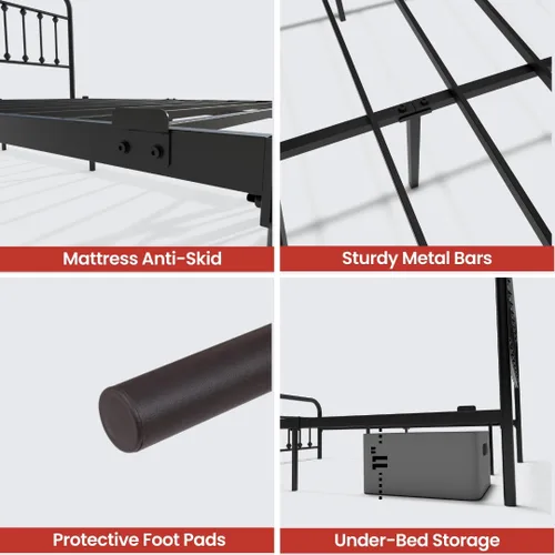 Miniatura 6 de AMBEE21 Golden Gate Beds Marco de Cama de Metal de Estilo Vintage Tamaño King con Cabecera y Pie de Cama de Hierro Forjado – Cama de Plataforma Negro