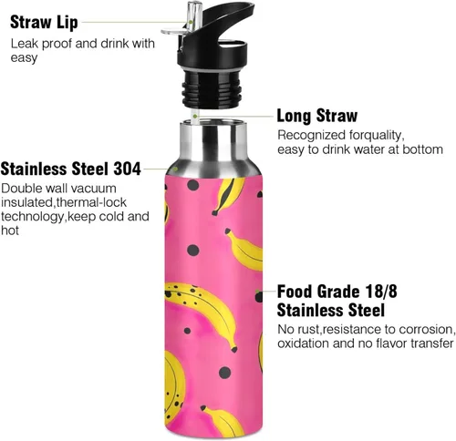 Miniatura 3 de Stainless Steel Water Bottle 20 Oz, Leakproof Water Bottles for Gym Outdoor Travel School, Yellow Bananas Black Dots