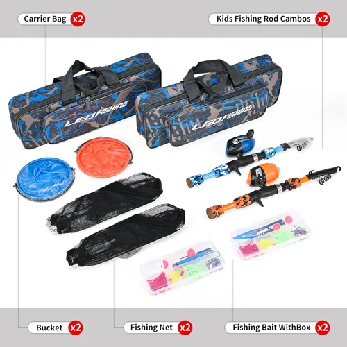 Miniatura 4 de LEOFISHING 2 Set Juego de caña de pescar para niños con kits de inicio completo, caña de pescar telescópica portátil y combos de carrete con todos