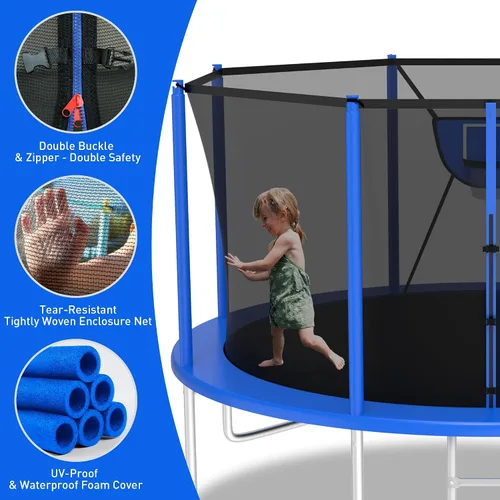 Miniatura 5 de Trampolín para exteriores de 1500 libras con luz+rociador+calcetines, trampolín resistente de 16 pies, 14 pies, 12 pies, con aro de baloncesto, Azul