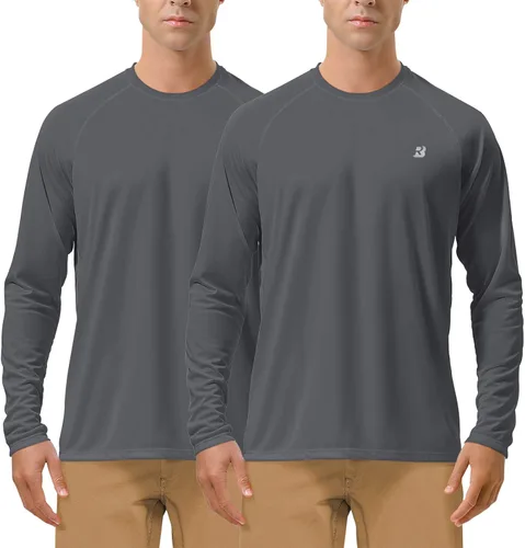 Roadbox Camisas de Protección Solar UV UPF 50+ para Hombres Manga Larga SPF Rash Guard para Pesca Senderismo Natación Correr Paquete de 2 - Gris
