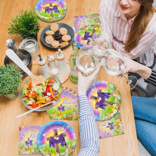 Miniatura 4 de 96 piezas "He is Risen" juego de vajilla para el día de Pascua suministros de fiesta - vajilla desechable con temática religiosa con platos