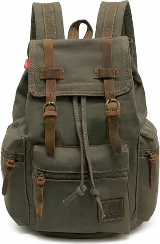 HuaChen Mochila de viaje de lona vintage con ribete de cuero, funda acolchada para laptop, bolsillo de seguridad trasero oculto, se adapta a 14