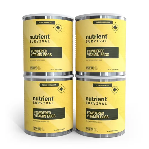 4 Latas, Equivalente a 70 Huevos por lata - Nutrient Survival Huevos en Polvo con Vitaminas Liofilizados Suministros para Preparacionistas y