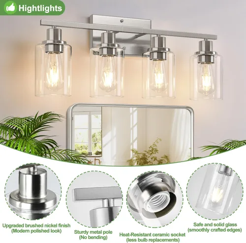 Miniatura 4 de Indoi Lámparas de baño de 4 luces, luces de tocador de níquel cepillado con pantallas de vidrio transparente, moderna lámpara de pared de baño