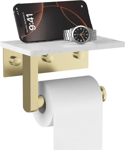 Soporte de papel higiénico dorado cepillado con estante de mármol, soporte de mano de papel higiénico de acero inoxidable 304 montado en la pared