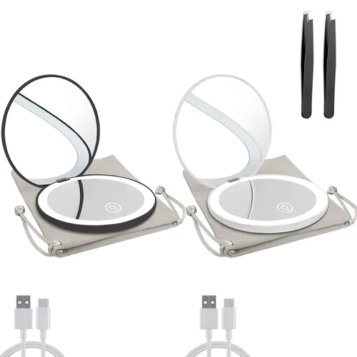 Miniatura 16 de Espejo compacto con luz LED, espejo recargable con aumento 1x/10x, 3.5 pulgadas, espejo de viaje regulable para bolso, bolsillo, espejo de Oro rosa