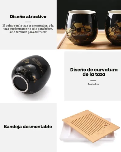 Miniatura 4 de Dujust Juego de Té Japonés, Juego de Té de Porcelana Negra con 1 Tetera, 6 Tazas de Té, 1 Bandeja de Té, 1 Infusor de Acero Inoxidable, Hermosos