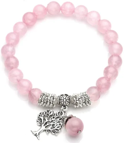 Top Plaza Pulsera elástica de cuarzo rosa con diseño de árbol de la vida piedra de la suerte reiki piedras preciosas de cristal curativo colgante de