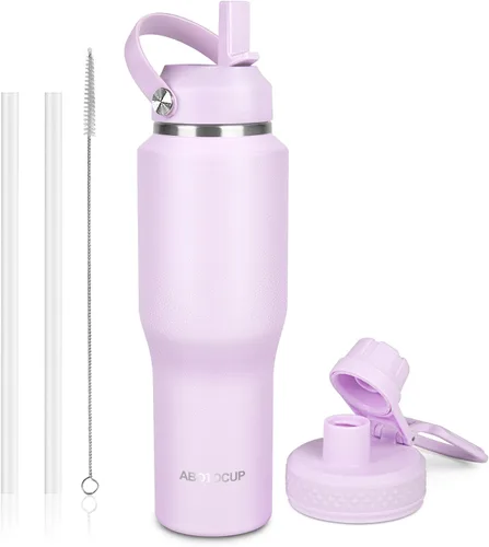 Miniatura 27 de ABOTOCUP Botella de agua de 40 onzas, botella de agua aislada con asa y tapas con popote, botella de agua de acero inoxidable que cabe en cualquier