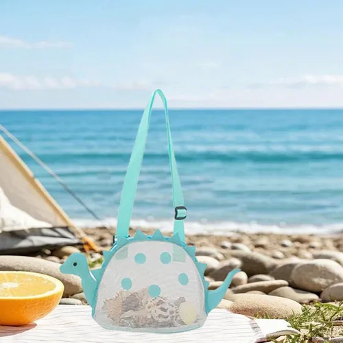 Miniatura 4 de AUONY Bolsa de playa de malla para juguete de playa, bolsa de conchas para niños, bolsa de juguete de arena de dinosaurio para sostener conchas, Azul