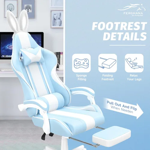 Miniatura 6 de Ferghana Kawaii - Silla de juegos azul claro con orejas de conejo, ergonómica y bonita silla para jugadores con reposapiés y masaje, silla