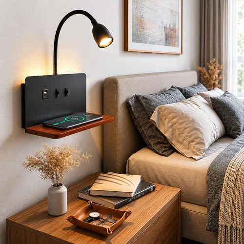 Apliques de pared de mesita de noche con estación de carga inalámbrica y carga USB, lámpara de lectura LED con 3 temperaturas de color ajustables,