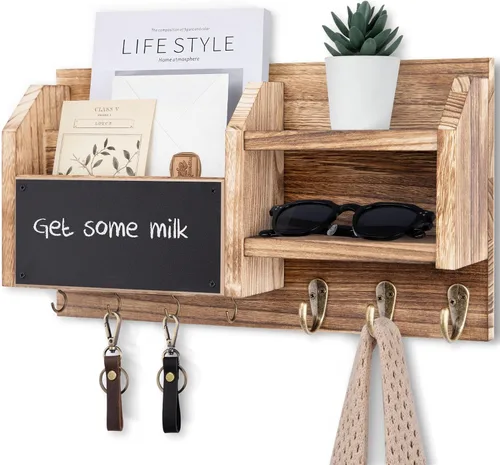 Miniatura 12 de Lwenki Soporte para llaves y correos – Colgador de pared para llaves con estante y 7 ganchos de metal – Organizador decorativo de entrada de madera