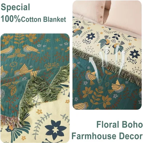 Miniatura 6 de Manta bohemia – Manta suave 100% algodón para cama, 50 x 60 pulgadas, reversible, transpirable, ligera, para otoño, todas las estaciones, decoración