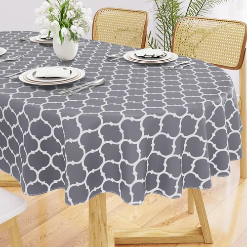 Miniatura 18 de Smiry Mantel redondo de plástico para mesa, mantel de vinilo impermeable con parte trasera de franela para mesas redondas, lavable y a prueba