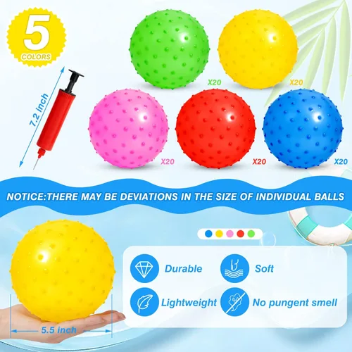 Miniatura 2 de Junkin Paquete de 100 bolas Knobby a granel con 1 bomba de aire de 5.5 pulgadas, juguete sensorial de plástico hinchable, globo pequeño, juguete