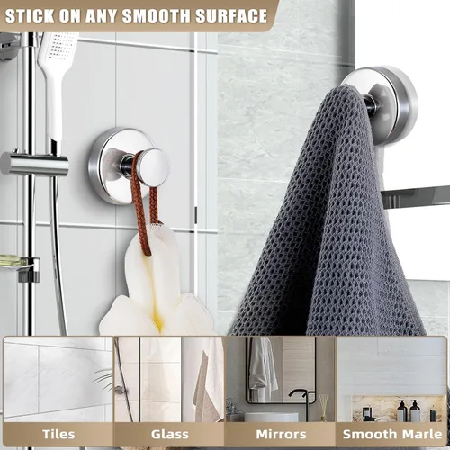 Miniatura 2 de Ganchos de ventosa para ducha, ganchos de baño sin taladrar para toallas, batas, lufa montables en paredes de baño, cocina, vidrio, espejos, Cromo