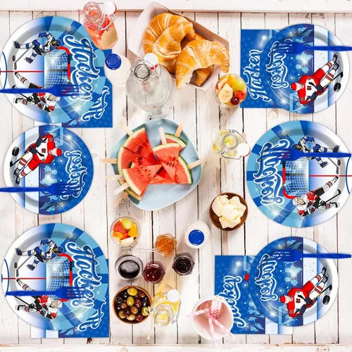 Miniatura 6 de Wiooffen 96 piezas de suministros para fiestas de hockey sobre hielo, platos para fiesta de cumpleaños, juego de servilletas, juego de vajilla
