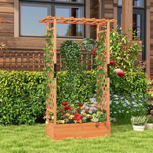 Miniatura 2 de Giantex Cama de jardín elevada con enrejado y techo colgante, jardinera de madera con parte inferior y agujeros de drenaje, maceta de jardín