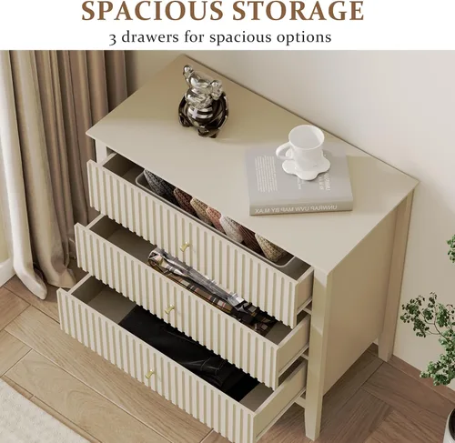 Miniatura 3 de RoyalCraft Cómoda Acanalada Beige de 3 Cajones, Cómoda de 32 Pulgadas de Ancho Mesita de Noche para Dormitorio, Cofre de Cajones de Madera Moderno