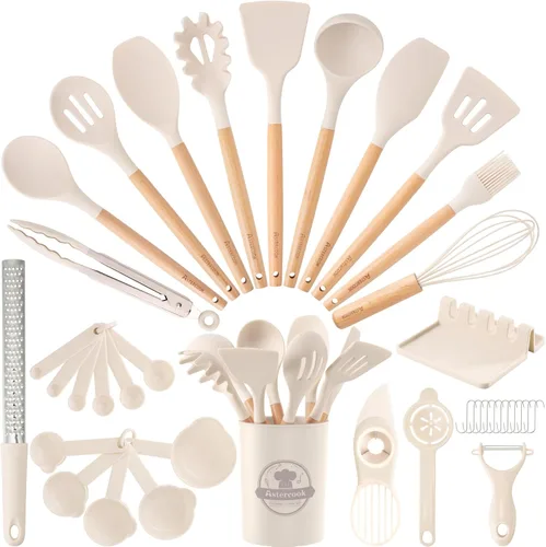 Astercook Juego de utensilios de cocina, 39 piezas de utensilios de cocina de silicona con mango de madera, juegos de utensilios de cocina Crema