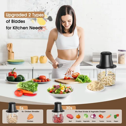 Miniatura 4 de Procesadores de alimentos, trituradora de pollo eléctrica 2 en 1 y picadora de alimentos con motor de cobre de 250 W, cuencos de 1.5 L y 2 cuchillas