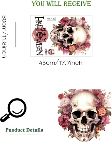 Miniatura 5 de Calcomanías de pared de calavera de flores de Halloween, calcomanías de pared de arte de terror de Halloween, vinilo extraíble para Halloween