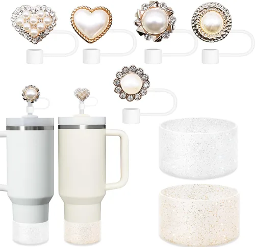 Cubrepopotes brillantes compatibles con Stanley Cup, 7 piezas de accesorios Stanley con purpurina que incluyen 5 tapas de paja y 2 botas de silicona