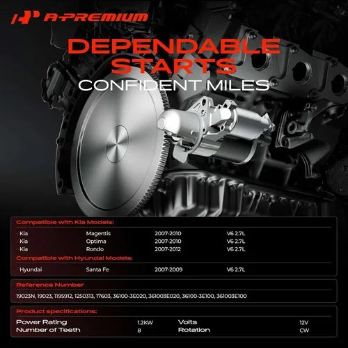 Miniatura 2 de Motor de arranque A-Premium compatible con Kia Magentis 07-10, Optima 07-10, Rondo 07-10 y Hyundai Santa Fe 07-09, V6 2.7L, 12V 1.2KW 8 dientes