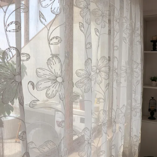 Miniatura 3 de SLOW SOUL Juego de 2 paneles de cortinas traslúcidas de lino sintético semitransparente con flores blancas para ventana, cortinas bordadas