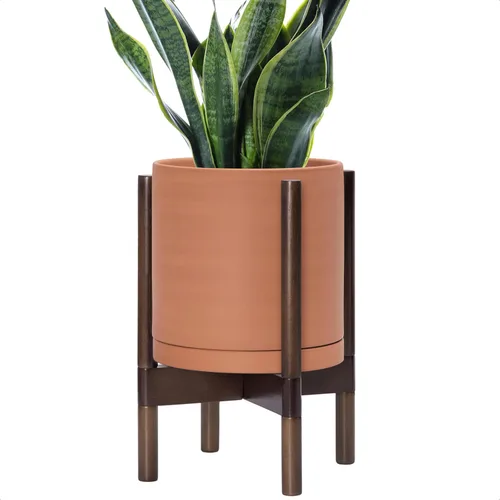 Miniatura 73 de D'vine Dev Maceta de cerámica con soporte de ébano – Maceta redonda moderna de 8 pulgadas con soporte para maceta de madera, color negro, 55-B-M-2