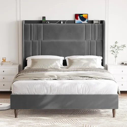 Miniatura 13 de Base de cama tamaño Queen con cabecera alta, plataforma tapizada de 52 pulgadas con estación de carga, marco de cama de terciopelo de lujo, cabecera