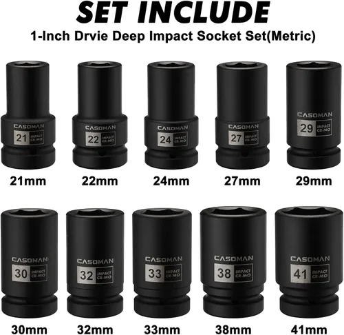 Miniatura 2 de CASOMAN Juego de 10 llaves de vaso de impacto profundo de 1 pulgada, métrico, CR-MO, 21,22,24,27,29,30,32,33,38,41 mm, juego de llaves de vaso