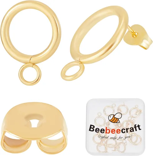 Miniatura 15 de Beebeecraft 1 caja, 20 aretes chapados en oro de 18 quilates con bucle, aretes geométricos de círculo simple con 20 piezas de mariposa para hacer