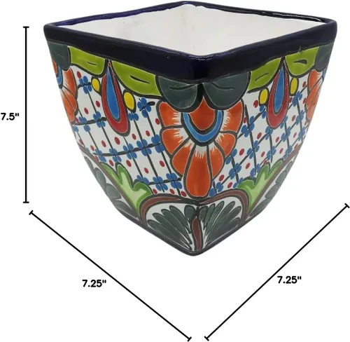 Miniatura 7 de Maceta cuadrada grande pintada a mano para interiores y exteriores, figura multicolor (Talavera)