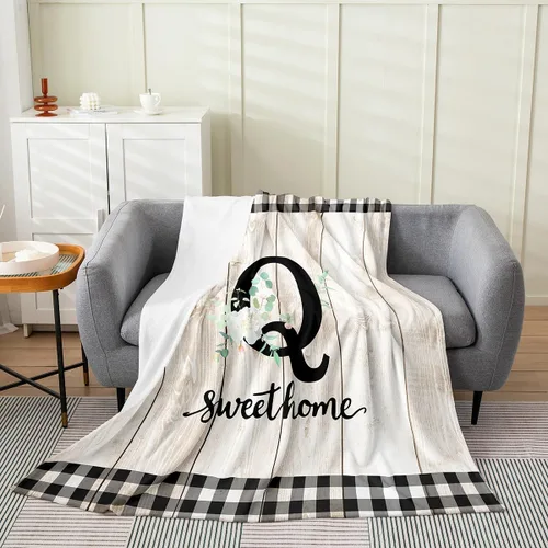 Miniatura 16 de Erosebridal Flower Initial S Flannel Blanket White Floral Flowers Fleece Blanket,40"X50",Personalized Letters Fuzzy Plush Throw for Sofa Beige Negro
