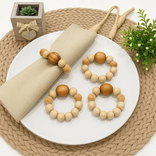 Juego de 6 servilleteros de madera con cuentas de madera | Servilleteros de madera rústica para decoración de mesa, hecho a mano, servilleta LEBEJUA
