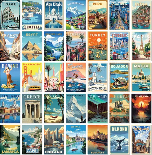 97 Decor Decoración de viaje vintage – Pósteres de viaje impresiones artísticas de pared, postales vintage de todo el mundo, imágenes estéticas de