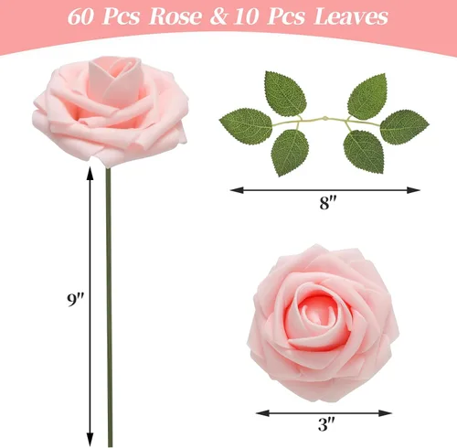 Miniatura 2 de DerBlue 60 rosas artificiales de aspecto real, rosas artificiales de espuma para decoración de bodas, arreglos, fiestas, decoración del hogar