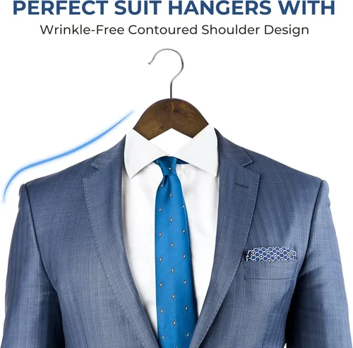 Miniatura 3 de JS Hanger Perchas de madera para abrigos, paquete de 20 perchas de madera de alta calidad para trajes con barra antideslizante para pantalones