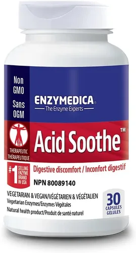 Enzymedica, Acid Soothe, apoyo para acidez estomacal ocasional, fórmula 3 en 1 con enzimas y hierbas calmantes, 30 unidades