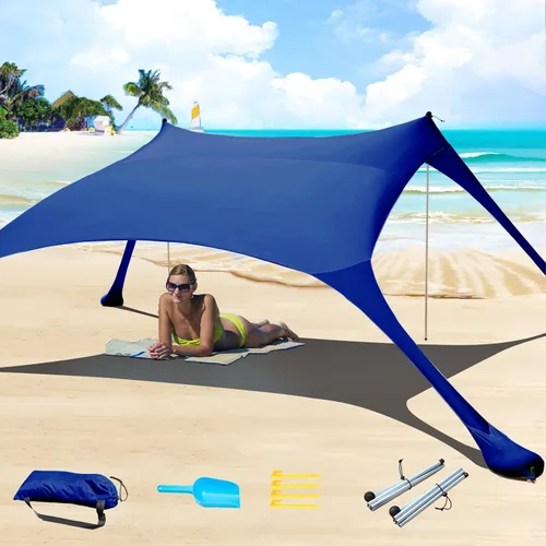 Miniatura 9 de Tienda de campaña de playa de 77 pies con protección UV UPF50+, toldo al aire libre con 2 postes para camping, pesca, patio trasero y pícnics
