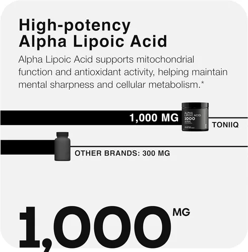 Miniatura 4 de Toniiq 1000mg Cápsulas de Ácido Alfa Lipoico de Fuerza Ultra Alta - Altamente Purificado 99%+ Estándar USP - 120 Cápsulas de Suplemento ALA