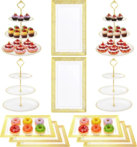 Supernal Juego de 10 exhibidores de mesa de postre, 4 juegos de 3 niveles para cupcakes, 6 bandejas para servir alimentos, vajilla elegante para