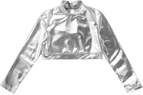 Miniatura 3 de TiaoBug Camiseta corta de manga larga con cuello alto falso para niñas y niñas, atlética, brillante, metálica, para danza, camiseta deportiva lisa